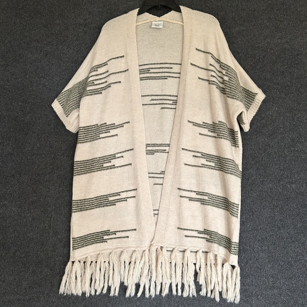 Anna & Ava Open Front Long Cardigan Dark Green Cream Abstract Line Pattern Boho